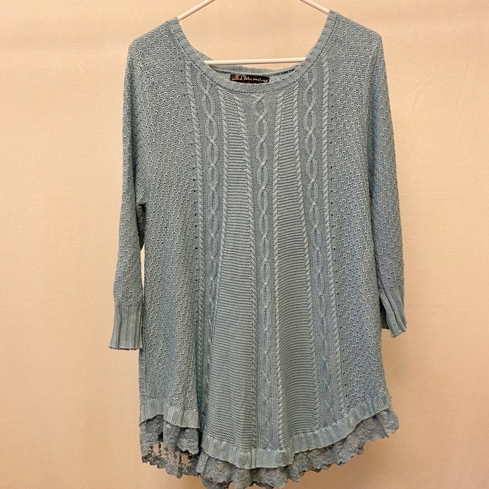 United States Sweaters Cable Knit Lace Sweater Sea Foam Green Coastal Grandma Lg - Picture 3 of 10